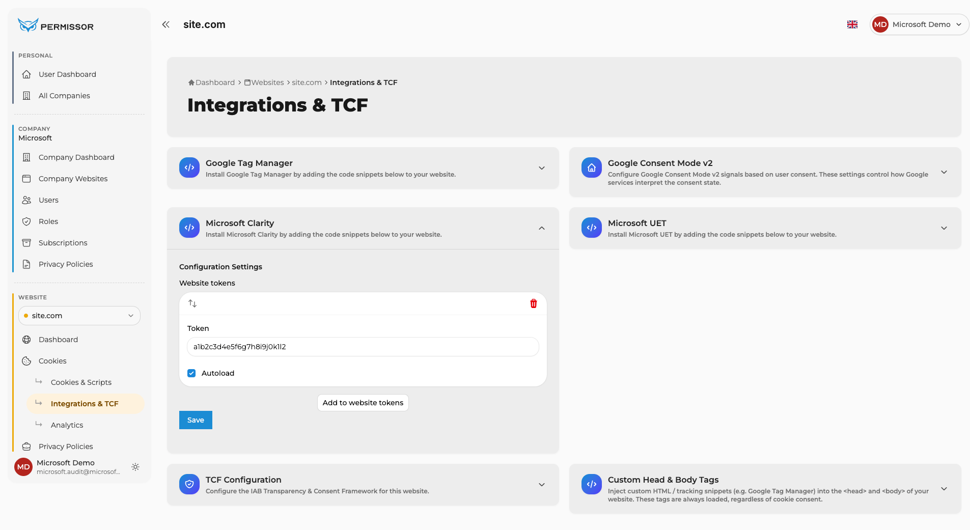 Token field with the Clarity Project ID, Autoload checkbox enabled and the Save button