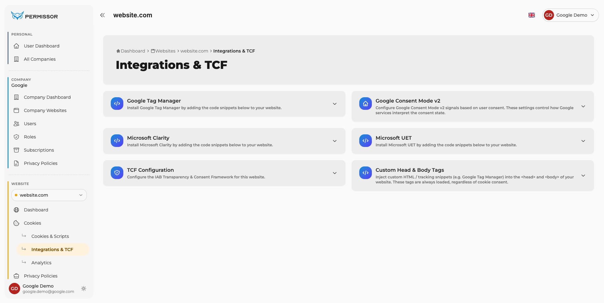 Google Tag Manager item in the list of available integrations
