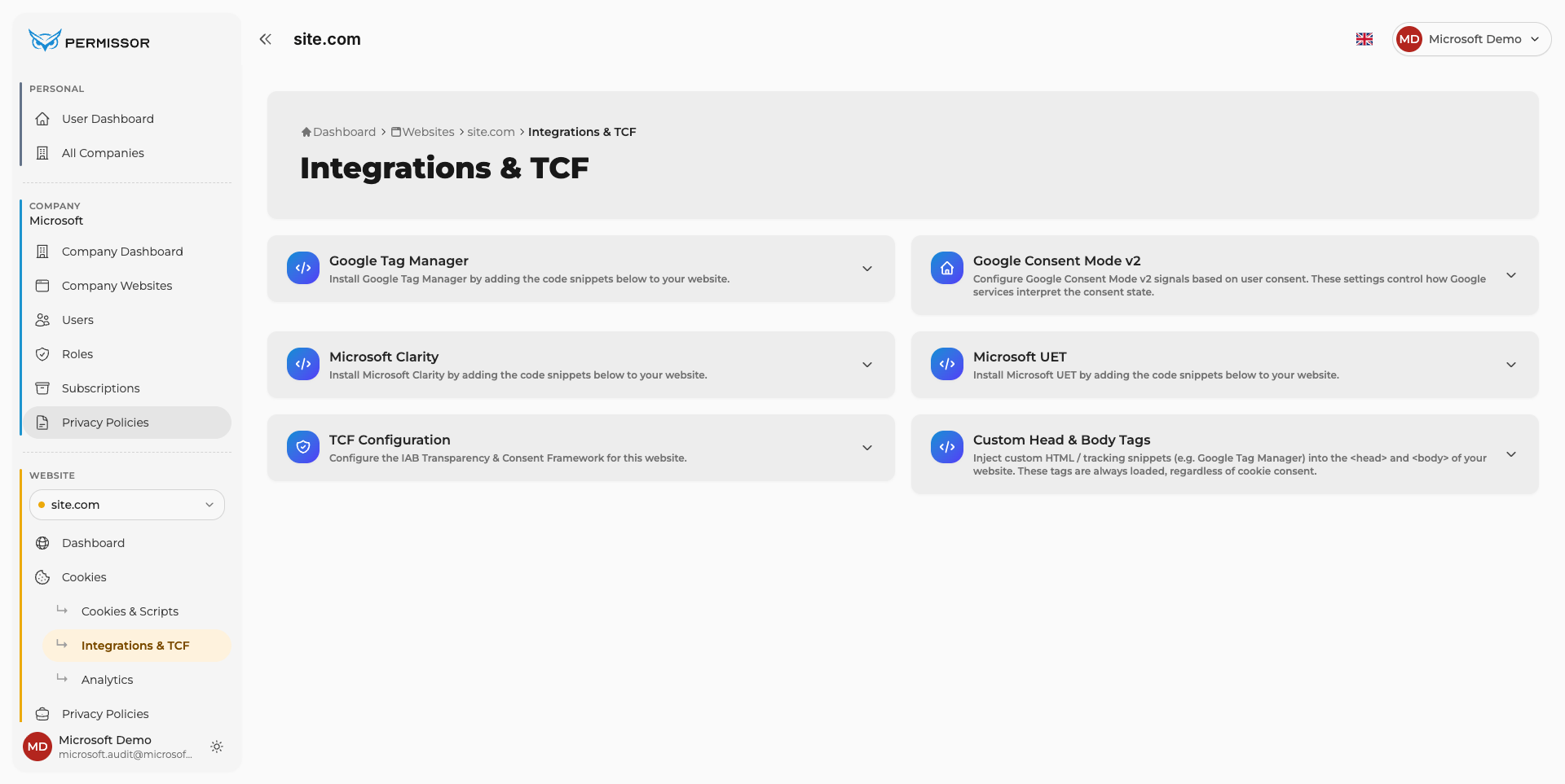 Microsoft UET item in the list of available integrations