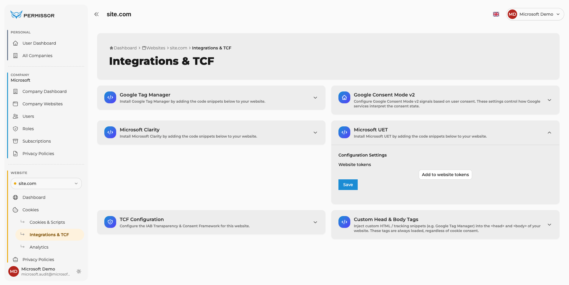 Expanded Configuration Settings panel with the Add to website tokens button
