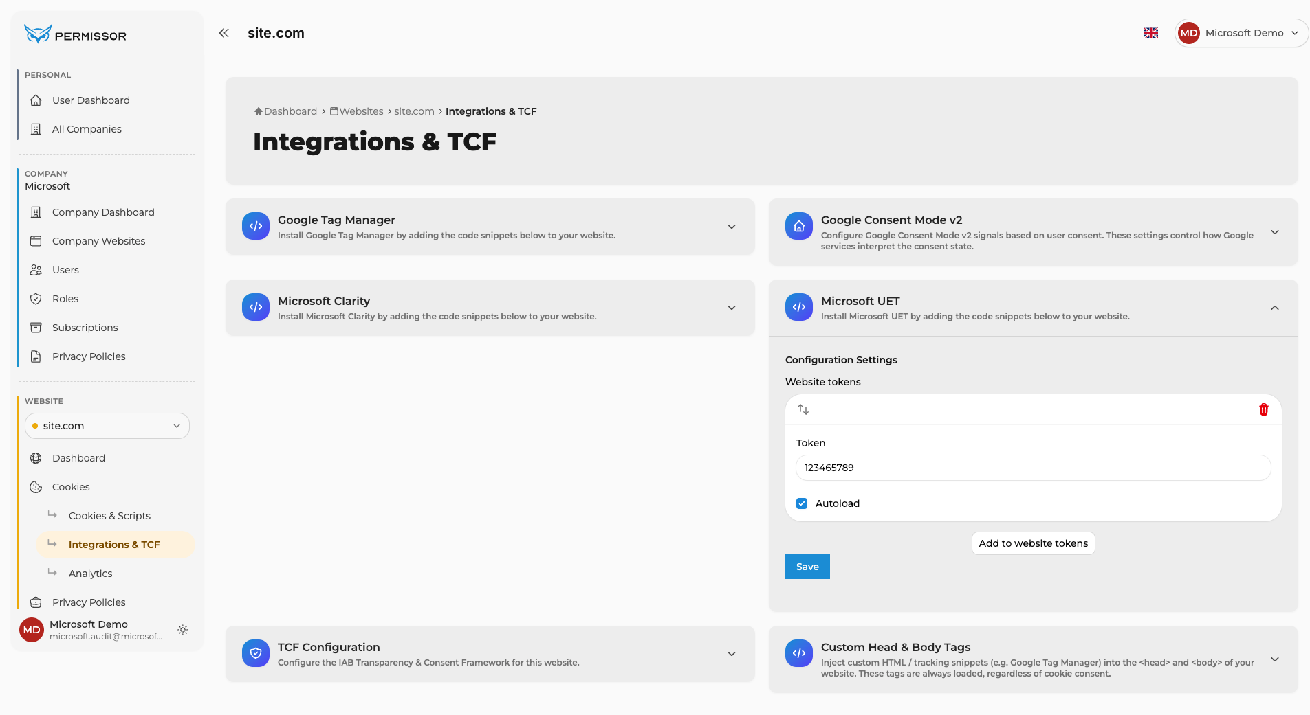 Token field with the UET Tag, Autoload checkbox enabled and the Save button