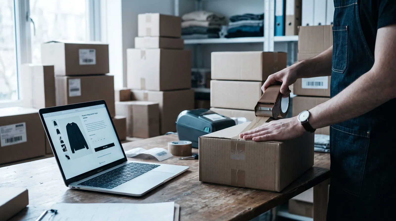 Postazione di un e-commerce italiano: scheda prodotto sul laptop e pacchi in preparazione