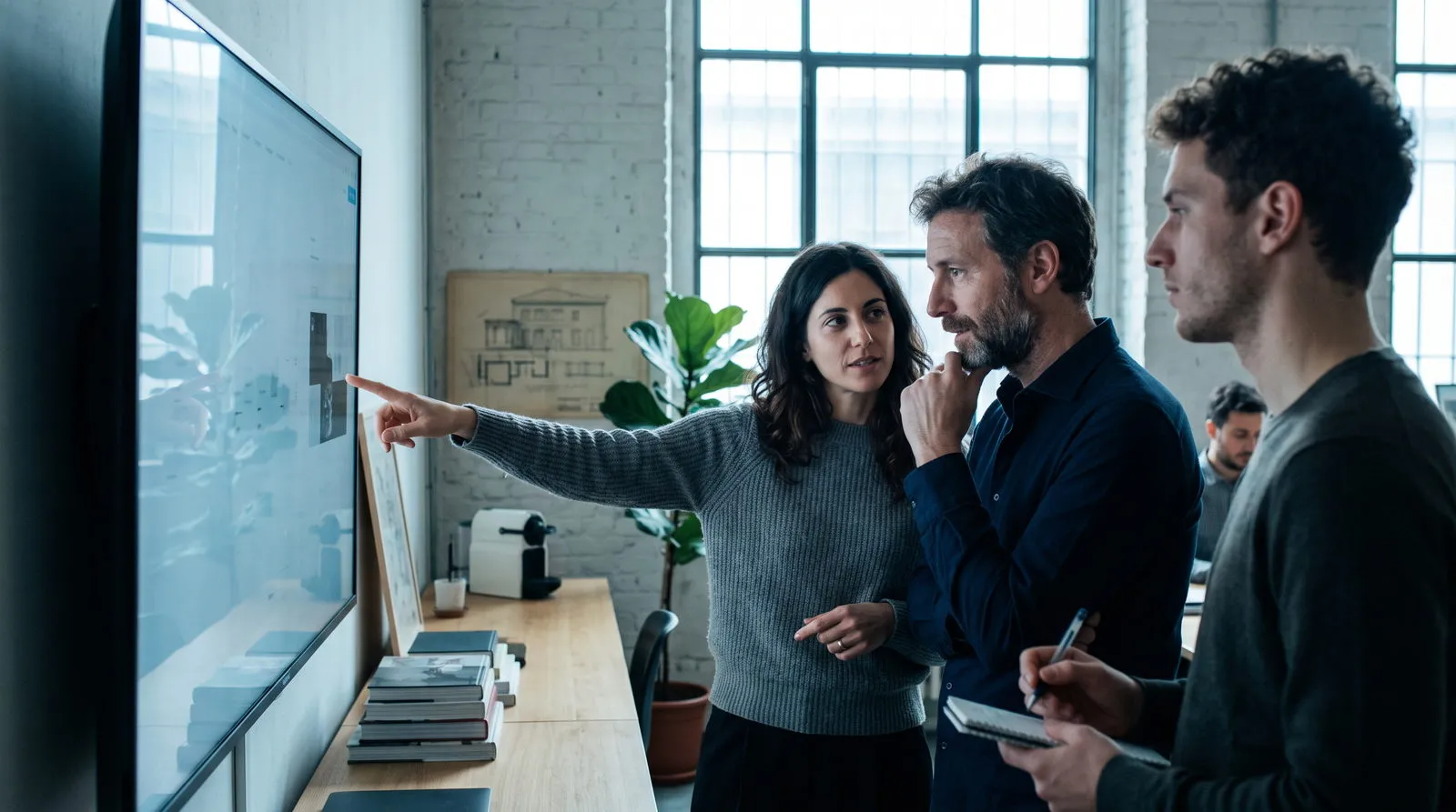 Team di una web agency discute il progetto di un cliente davanti a uno schermo